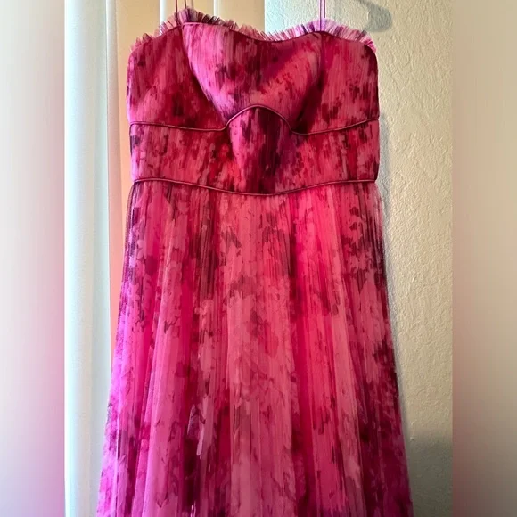 ML Monique Lhuillier Pleated Printed Tulle Midi Dress Women Size 8 - Picture 9 of 14